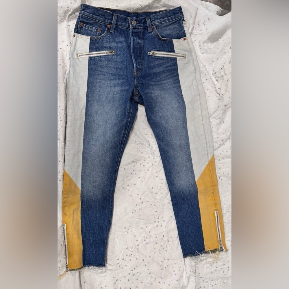 Levi 501 Original Cropped Color Block Ankle Moto Zip Jeans Womens Size 28 x 26